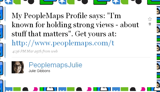 Twitter Report Twitter personality for @peoplemapsjulie
